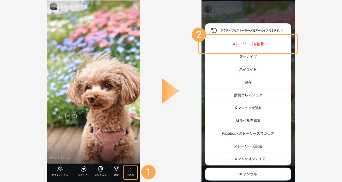 ストーリーズを削除するには、ストーリーズ再生画面の「…」をタップし、「ストーリーズを削除」を選択する