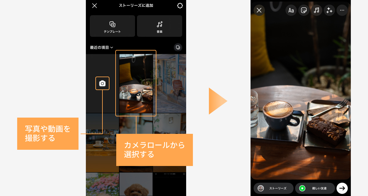 カメラロールから選ぶか、カメラアイコンをタップしてその場で撮影して、ストーリーズに投稿する写真や動画を選択する