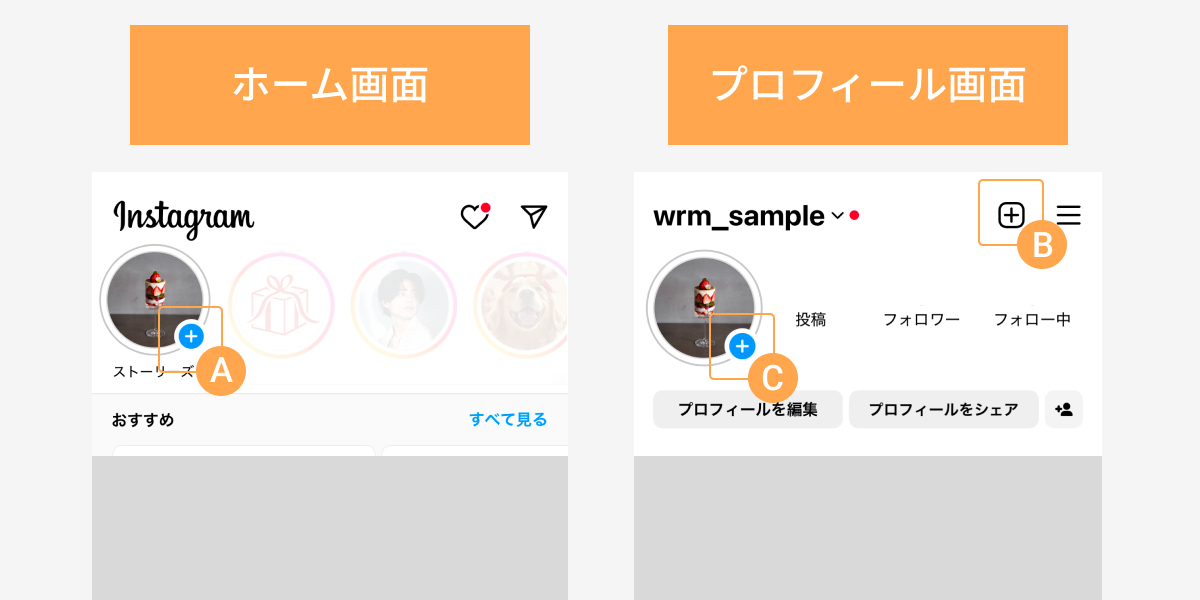 ストーリーズの投稿画面を表示する方法