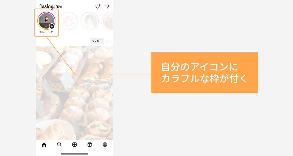 ストーリーズへの投稿が完了すると、ホーム画面上部の自分のアイコンにカラフルな枠が付き、公開されたことがひと目でわかるようになる