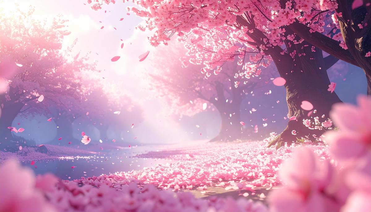 桜の大木と花びらが散る幻想的な風景