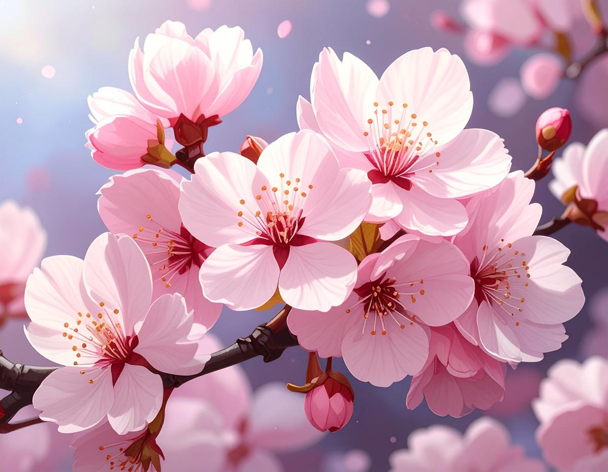 桜の花が咲く枝のリアルなイラスト